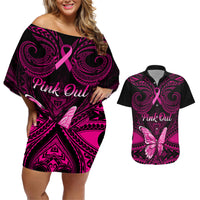 Personalised Pink Out Couples Matching Off Shoulder Short Dress and Hawaiian Shirt Breast Cancer Awareness Polynesian Pattern Black Version LT01 Black - Polynesian Pride