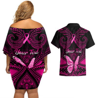 Personalised Pink Out Couples Matching Off Shoulder Short Dress and Hawaiian Shirt Breast Cancer Awareness Polynesian Pattern Black Version LT01 - Polynesian Pride