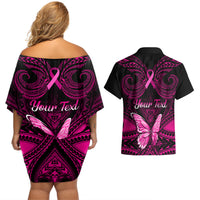 Personalised Pink Out Couples Matching Off Shoulder Short Dress and Hawaiian Shirt Breast Cancer Awareness Polynesian Pattern Black Version LT01 - Polynesian Pride