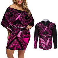 Personalised Pink Out Couples Matching Off Shoulder Short Dress and Long Sleeve Button Shirts Breast Cancer Awareness Polynesian Pattern Black Version LT01 Black - Polynesian Pride