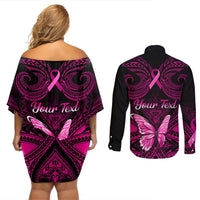 Personalised Pink Out Couples Matching Off Shoulder Short Dress and Long Sleeve Button Shirts Breast Cancer Awareness Polynesian Pattern Black Version LT01 - Polynesian Pride