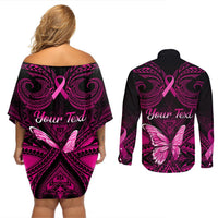 Personalised Pink Out Couples Matching Off Shoulder Short Dress and Long Sleeve Button Shirts Breast Cancer Awareness Polynesian Pattern Black Version LT01 - Polynesian Pride