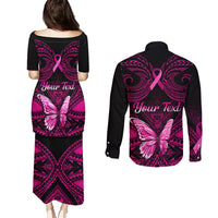 Personalised Pink Out Couples Matching Puletasi Dress and Long Sleeve Button Shirts Breast Cancer Awareness Polynesian Pattern Black Version LT01 - Polynesian Pride