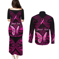 Personalised Pink Out Couples Matching Puletasi Dress and Long Sleeve Button Shirts Breast Cancer Awareness Polynesian Pattern Black Version LT01 - Polynesian Pride