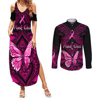Personalised Pink Out Couples Matching Summer Maxi Dress and Long Sleeve Button Shirts Breast Cancer Awareness Polynesian Pattern Black Version LT01 Black - Polynesian Pride