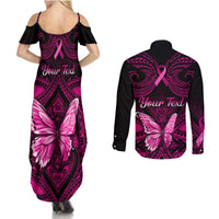 Personalised Pink Out Couples Matching Summer Maxi Dress and Long Sleeve Button Shirts Breast Cancer Awareness Polynesian Pattern Black Version LT01 - Polynesian Pride