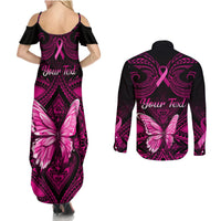 Personalised Pink Out Couples Matching Summer Maxi Dress and Long Sleeve Button Shirts Breast Cancer Awareness Polynesian Pattern Black Version LT01 - Polynesian Pride