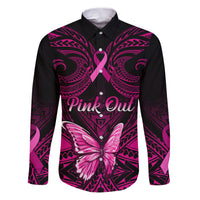 Personalised Pink Out Family Matching Puletasi Dress and Hawaiian Shirt Breast Cancer Awareness Polynesian Pattern Black Version LT01 Dad's Shirt - Long Sleeve Black - Polynesian Pride