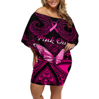 Personalised Pink Out Off Shoulder Short Dress Breast Cancer Awareness Polynesian Pattern Black Version LT01 Women Black - Polynesian Pride