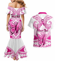 Personalised Pink Out Couples Matching Mermaid Dress and Hawaiian Shirt Breast Cancer Awareness Polynesian Pattern White Version LT01 - Polynesian Pride