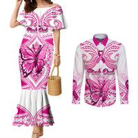 Personalised Pink Out Couples Matching Mermaid Dress and Long Sleeve Button Shirts Breast Cancer Awareness Polynesian Pattern White Version LT01 White - Polynesian Pride