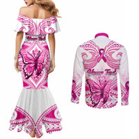 Personalised Pink Out Couples Matching Mermaid Dress and Long Sleeve Button Shirts Breast Cancer Awareness Polynesian Pattern White Version LT01 - Polynesian Pride