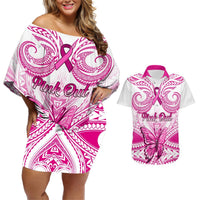 Personalised Pink Out Couples Matching Off Shoulder Short Dress and Hawaiian Shirt Breast Cancer Awareness Polynesian Pattern White Version LT01 White - Polynesian Pride