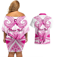 Personalised Pink Out Couples Matching Off Shoulder Short Dress and Hawaiian Shirt Breast Cancer Awareness Polynesian Pattern White Version LT01 - Polynesian Pride