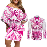 Personalised Pink Out Couples Matching Off Shoulder Short Dress and Long Sleeve Button Shirts Breast Cancer Awareness Polynesian Pattern White Version LT01 White - Polynesian Pride