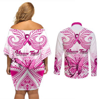 Personalised Pink Out Couples Matching Off Shoulder Short Dress and Long Sleeve Button Shirts Breast Cancer Awareness Polynesian Pattern White Version LT01 - Polynesian Pride