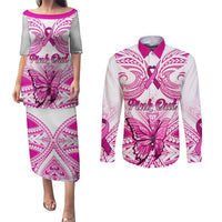 Personalised Pink Out Couples Matching Puletasi Dress and Long Sleeve Button Shirts Breast Cancer Awareness Polynesian Pattern White Version LT01 White - Polynesian Pride