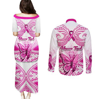 Personalised Pink Out Couples Matching Puletasi Dress and Long Sleeve Button Shirts Breast Cancer Awareness Polynesian Pattern White Version LT01 - Polynesian Pride