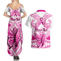 Personalised Pink Out Couples Matching Summer Maxi Dress and Hawaiian Shirt Breast Cancer Awareness Polynesian Pattern White Version LT01 - Polynesian Pride