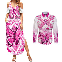 Personalised Pink Out Couples Matching Summer Maxi Dress and Long Sleeve Button Shirts Breast Cancer Awareness Polynesian Pattern White Version LT01 White - Polynesian Pride