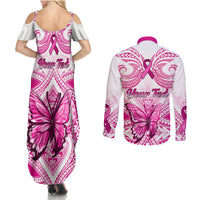 Personalised Pink Out Couples Matching Summer Maxi Dress and Long Sleeve Button Shirts Breast Cancer Awareness Polynesian Pattern White Version LT01 - Polynesian Pride