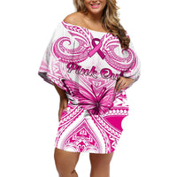 Personalised Pink Out Off Shoulder Short Dress Breast Cancer Awareness Polynesian Pattern White Version LT01 Women White - Polynesian Pride