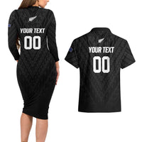 Custom Football New Zealand Couples Matching Long Sleeve Bodycon Dress and Hawaiian Shirt Aotearoa United Black Version - Polynesian Pride