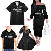 Custom Football New Zealand Family Matching Off The Shoulder Long Sleeve Dress and Hawaiian Shirt Aotearoa United Black Version - Polynesian Pride