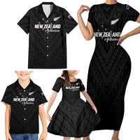 Custom Football New Zealand Family Matching Short Sleeve Bodycon Dress and Hawaiian Shirt Aotearoa United Black Version - Polynesian Pride