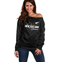 Custom Football New Zealand Off Shoulder Sweater Aotearoa United Black Version LT01 Women Black - Polynesian Pride