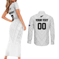 Custom Football New Zealand Couples Matching Short Sleeve Bodycon Dress and Long Sleeve Button Shirt Aotearoa United White Version - Polynesian Pride
