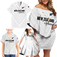 Custom Football New Zealand Family Matching Off Shoulder Short Dress and Hawaiian Shirt Aotearoa United White Version - Polynesian Pride