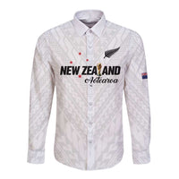 Custom Football New Zealand Long Sleeve Button Shirt Aotearoa United White Version LT01 Unisex White - Polynesian Pride