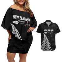 Personalised New Zealand 2025 Archery Couples Matching Off Shoulder Short Dress and Hawaiian Shirt Aotearoa Silver Arrows Black
