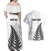 Personalised New Zealand 2025 Archery Couples Matching Off Shoulder Maxi Dress and Hawaiian Shirt Aotearoa Silver Arrows White