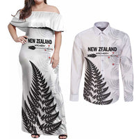 Personalised New Zealand 2025 Archery Couples Matching Off Shoulder Maxi Dress and Long Sleeve Button Shirt Aotearoa Silver Arrows White