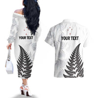 Personalised New Zealand 2025 Archery Couples Matching Off The Shoulder Long Sleeve Dress and Hawaiian Shirt Aotearoa Silver Arrows White