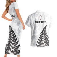 Personalised New Zealand 2025 Archery Couples Matching Short Sleeve Bodycon Dress and Hawaiian Shirt Aotearoa Silver Arrows White