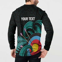 Personalised New Zealand Archery Button Sweatshirt Turquoise Maori Silver Fern