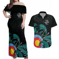 Personalised New Zealand Archery Couples Matching Off Shoulder Maxi Dress and Hawaiian Shirt Turquoise Maori Silver Fern