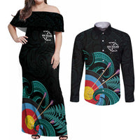 Personalised New Zealand Archery Couples Matching Off Shoulder Maxi Dress and Long Sleeve Button Shirt Turquoise Maori Silver Fern