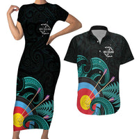 Personalised New Zealand Archery Couples Matching Short Sleeve Bodycon Dress and Hawaiian Shirt Turquoise Maori Silver Fern