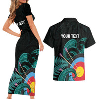 Personalised New Zealand Archery Couples Matching Short Sleeve Bodycon Dress and Hawaiian Shirt Turquoise Maori Silver Fern
