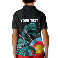 Personalised New Zealand Archery Kid Polo Shirt Turquoise Maori Silver Fern