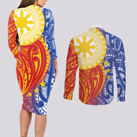 Philippines Couples Matching Long Sleeve Bodycon Dress and Long Sleeve Button Shirt Pilipinas Polynesian Pattern