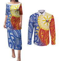 Philippines Couples Matching Puletasi and Long Sleeve Button Shirt Pilipinas Polynesian Pattern