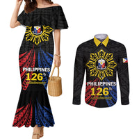 Personalized Philippines Independence Day Couples Matching Mermaid Dress and Long Sleeve Button Shirt Filipino 126th Anniversary Sun Tattoo LT01 Black - Polynesian Pride