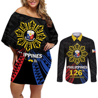 Personalized Philippines Independence Day Couples Matching Off Shoulder Short Dress and Long Sleeve Button Shirt Filipino 126th Anniversary Sun Tattoo LT01 Black - Polynesian Pride