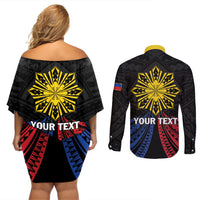 Personalized Philippines Independence Day Couples Matching Off Shoulder Short Dress and Long Sleeve Button Shirt Filipino 126th Anniversary Sun Tattoo LT01 - Polynesian Pride