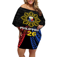 Personalized Philippines Independence Day Off Shoulder Short Dress Filipino 126th Anniversary Sun Tattoo LT01 Women Black - Polynesian Pride